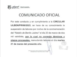 COMUNICADO OFICIAL EN CUMPLIMIENTO A CIRCULAR IJLBEN/PR/06/2023